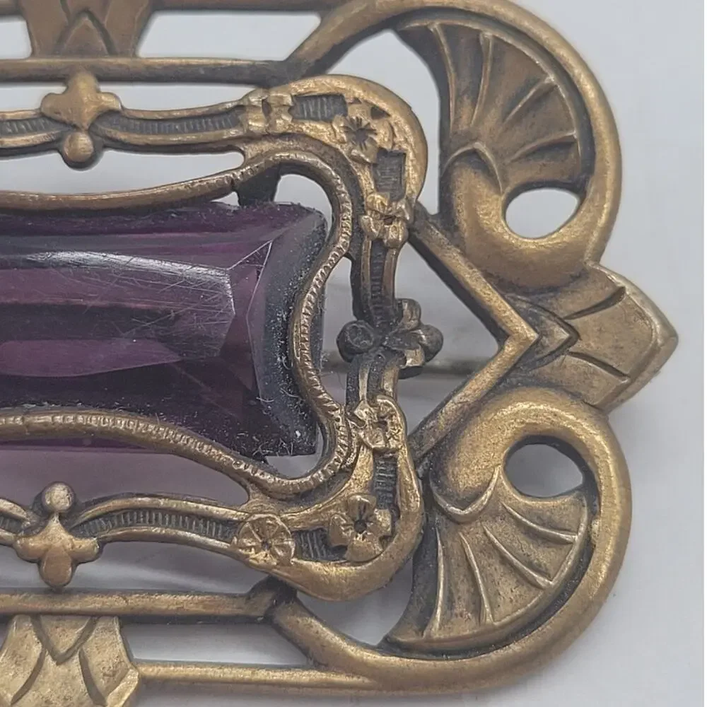 Antique Art Nouveau Brass Amethyst Glass Sash Brooch Victorian Romantic Jewelry